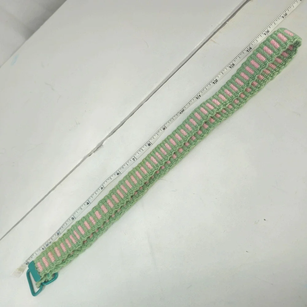Vintage Kids Woven Belt Green Pink Striped Teal‎ D-Ring Buckle Adjustable Strap